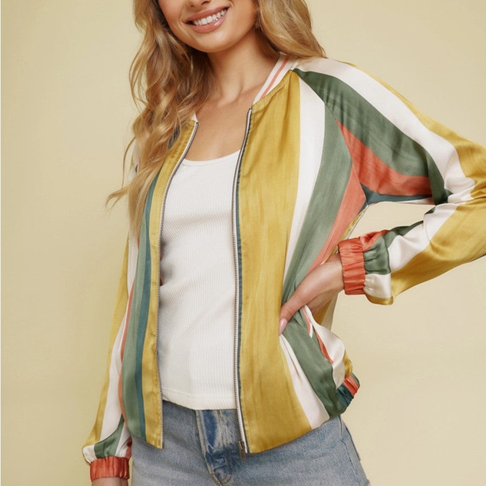 Mystree Colorful Striped Women's Satin Bomber Jacket